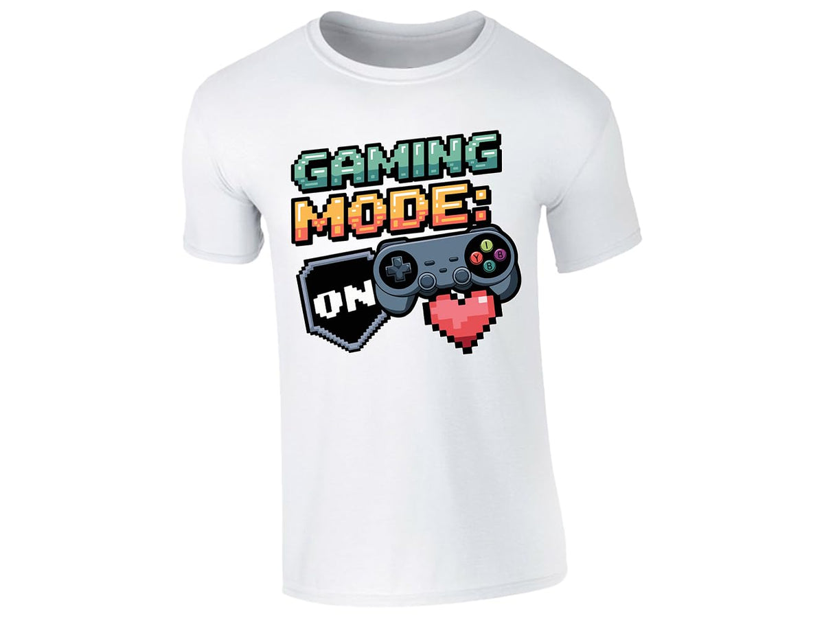 White kids' T-shirt with “Gaming mode: ON” controller and pixel heart design