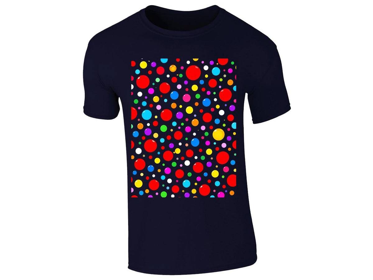 Navy men's T-shirt with a block of rainbow polka dots