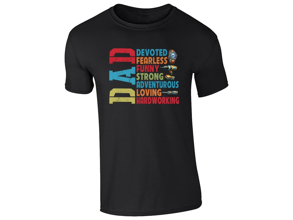 Black men's T-shirt with “DAD – devoted, fearless, funny, strong” design