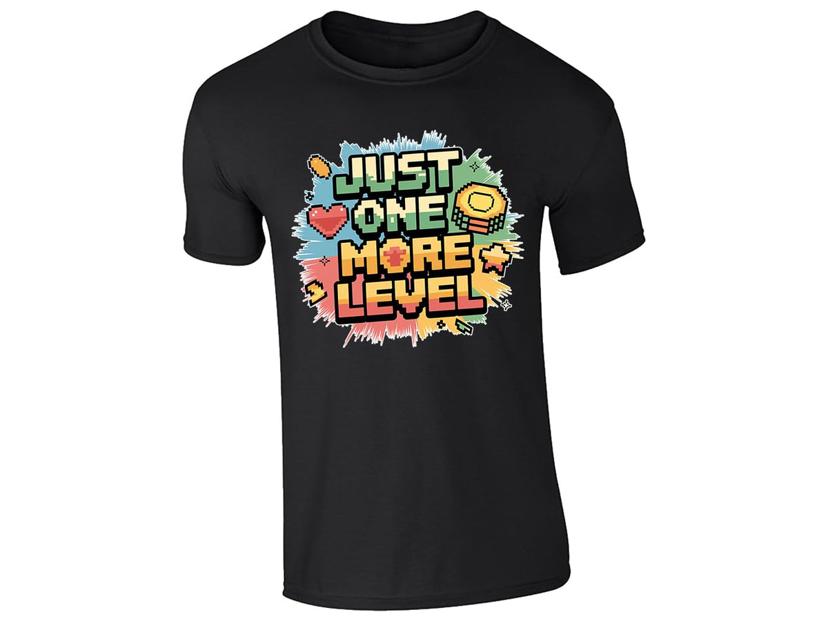 Black kids' T-shirt with “Just one more level” design