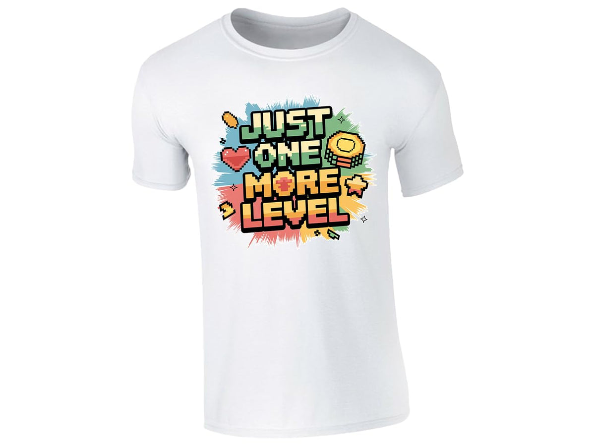 White kids' T-shirt with “Just one more level” design