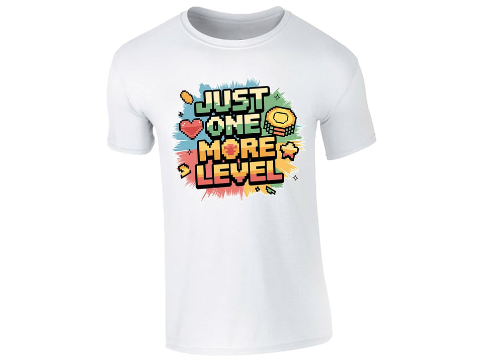 White men's T-shirt with “Just one more level” design