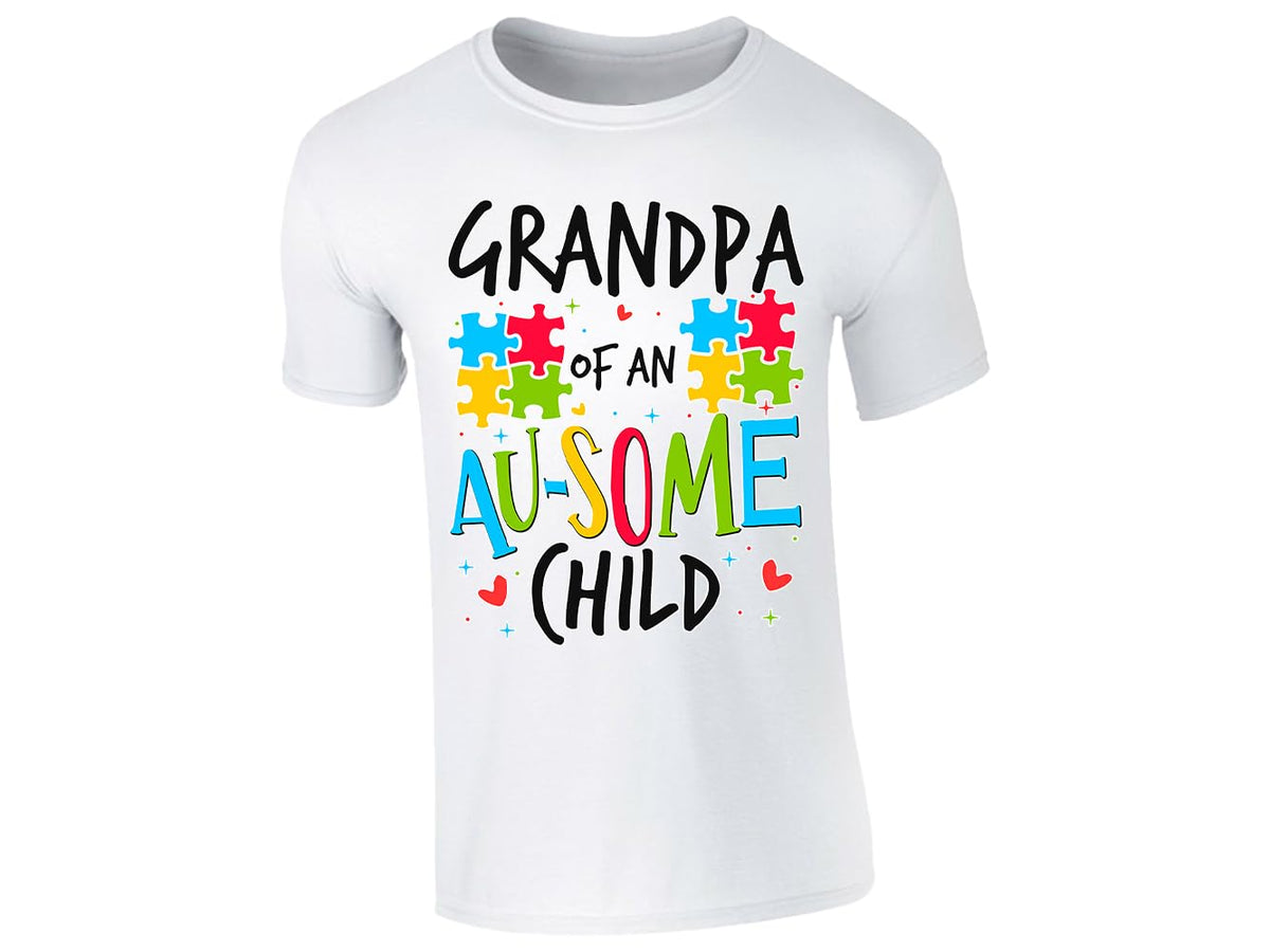 White men's T-shirt with “Grandpa of an Au-some child” puzzle piece design