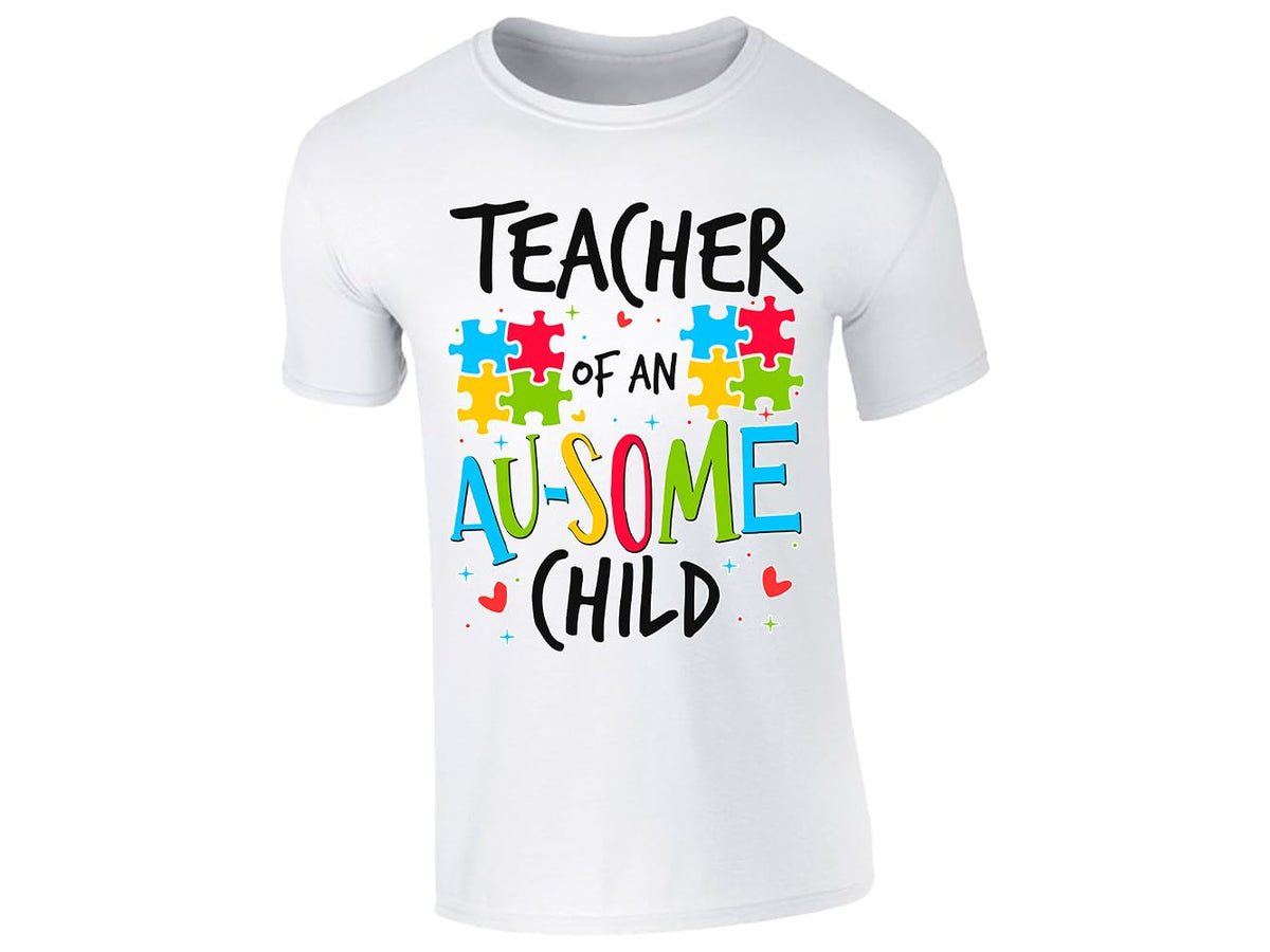 White men's T-shirt with “Teacher of an Au-some child” puzzle piece design