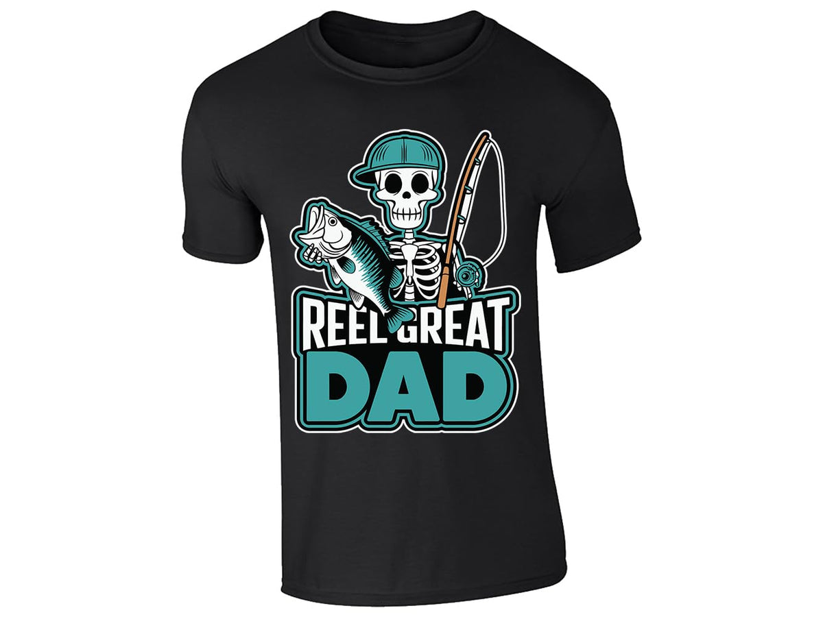 Black men's T-shirt with “Reel Great Dad” skeleton angler design