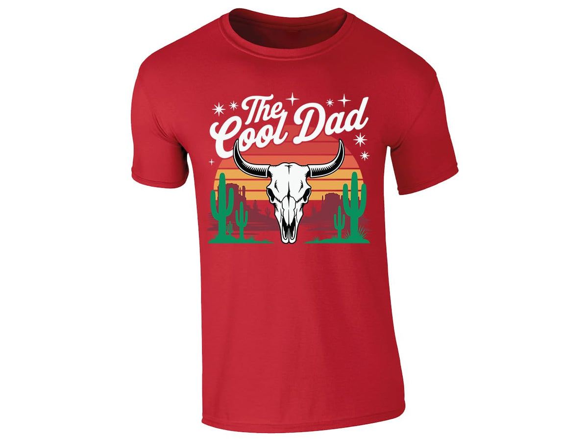 Red men's T-shirt with “The Cool Dad” bull skull desert design