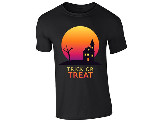 Black men's T-shirt with “Trick or Treat” haunted house design