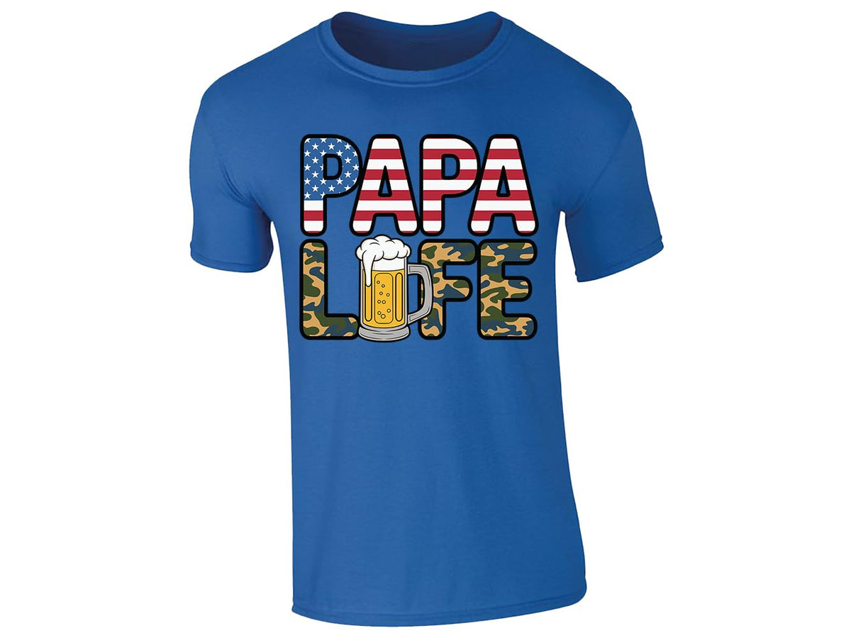 Royal Blue men's T-shirt with “Papa Life” flag, camo and beer design