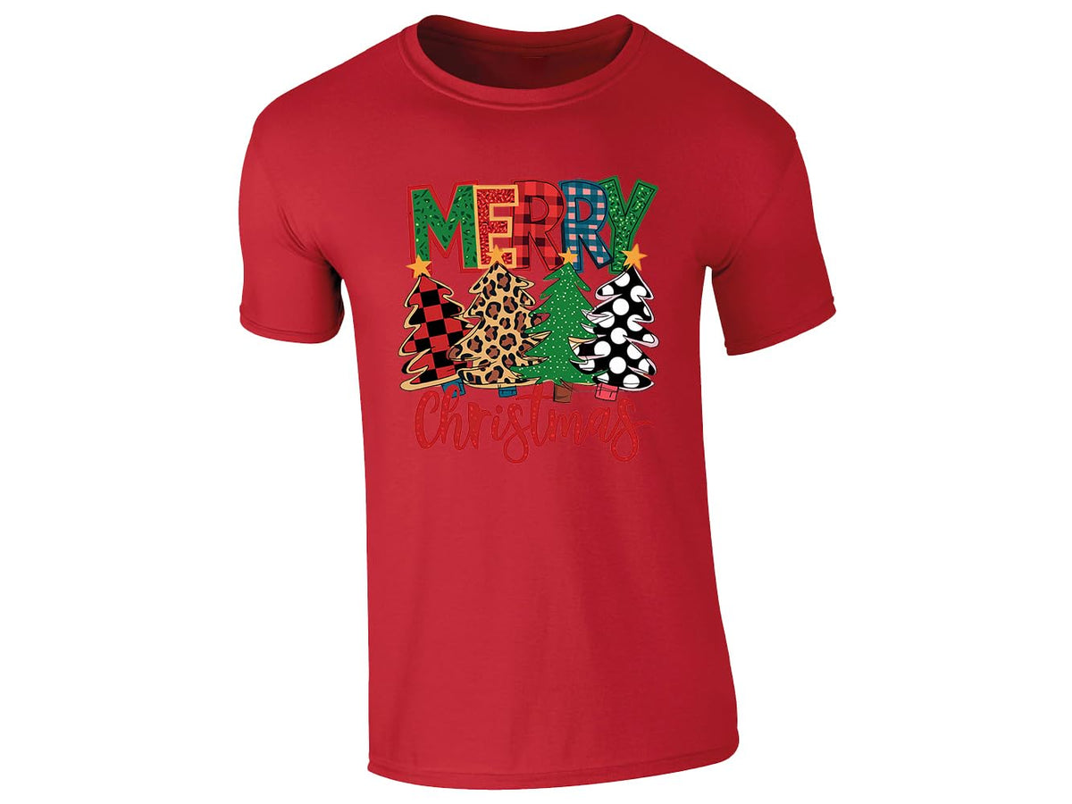 Red kids' T-shirt with “Merry Christmas” plaid, leopard and polka-dot Christmas tree design