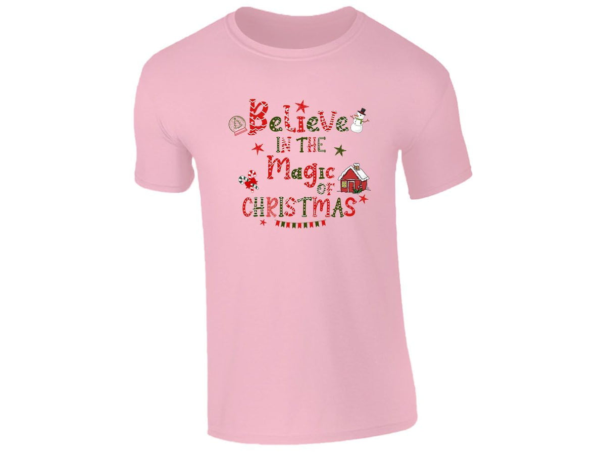 Light pink kids T-shirt with the Believe in the Magic of Christmas snowman design