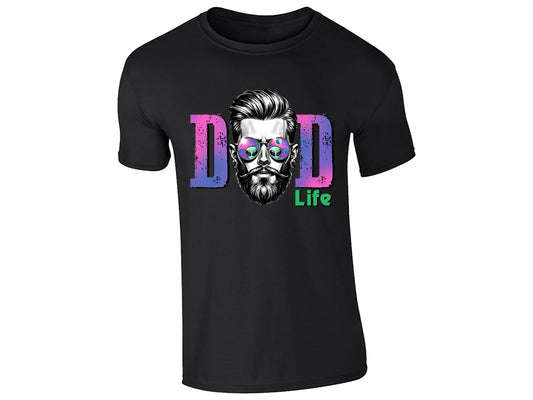 Black men's T-shirt with “DAD Life” bearded dad with sunglasses design
