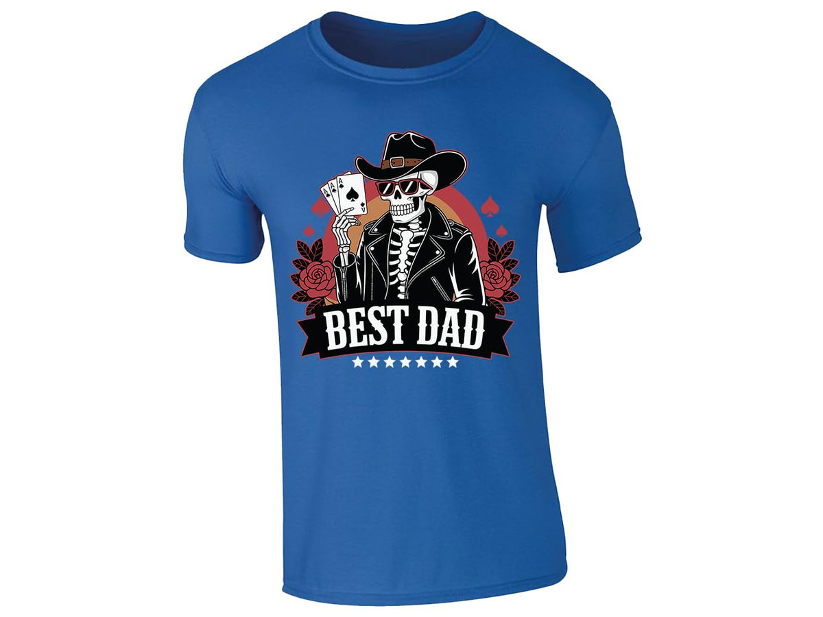 Royal Blue men's T-shirt with skeleton cowboy “Best Dad” poker design