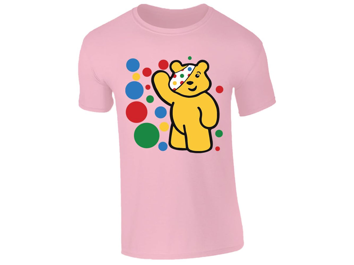 Light Pink kids' T-shirt with waving spotty bear with coloured dots design