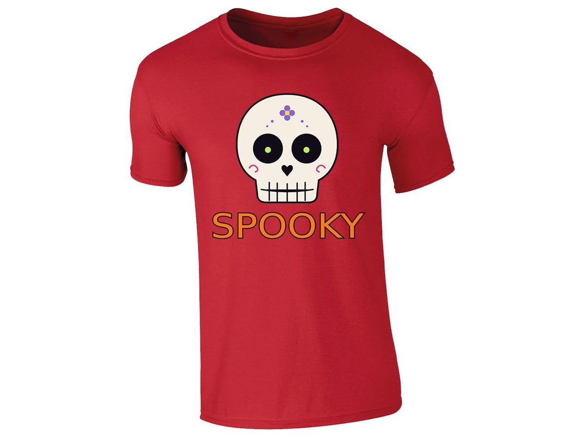 Red kids' T-shirt with “Spooky” sugar skull design