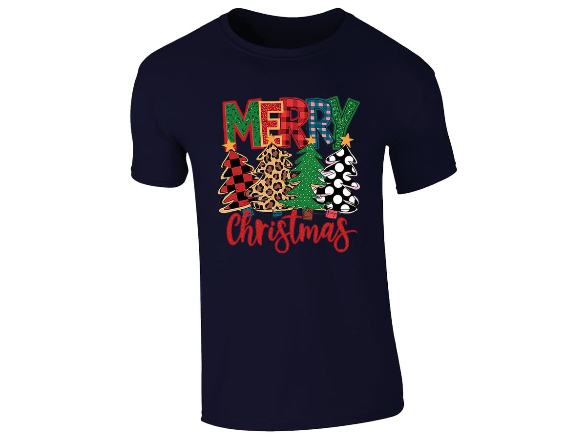 Navy men's T-shirt with “Merry Christmas” plaid, leopard and polka-dot Christmas tree design