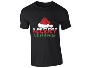 Black kids' T-shirt with “Merry Christmas” Santa hat design
