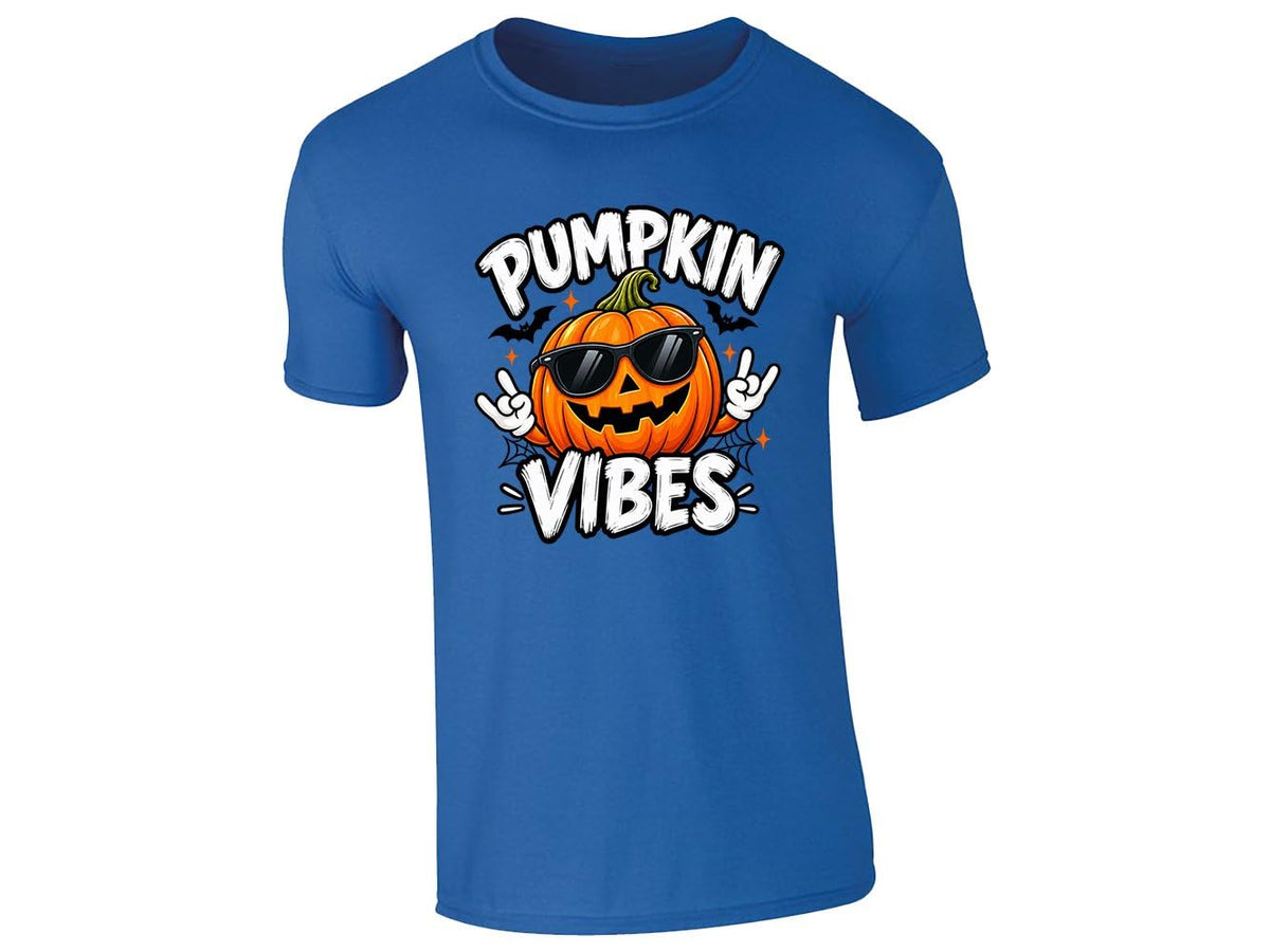 Royal blue kids T-shirt with a Pumpkin Vibes jack-o'-lantern in sunglasses