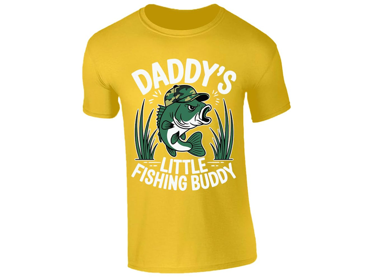 Yellow men's T-shirt with “Daddy’s little fishing buddy” bass in camo cap design