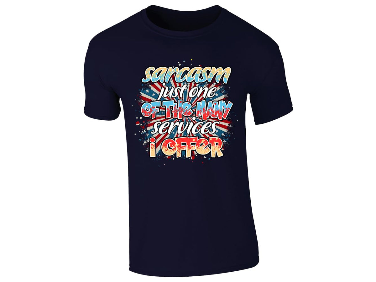 Navy men's T-shirt with “Sarcasm – just one of the many services I offer” design