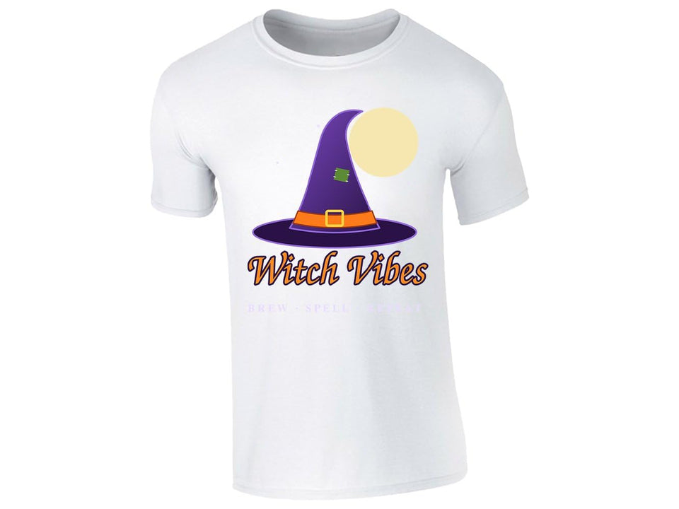 White men's T-shirt with “Witch Vibes – Brew, Spell, Repeat” witch hat design