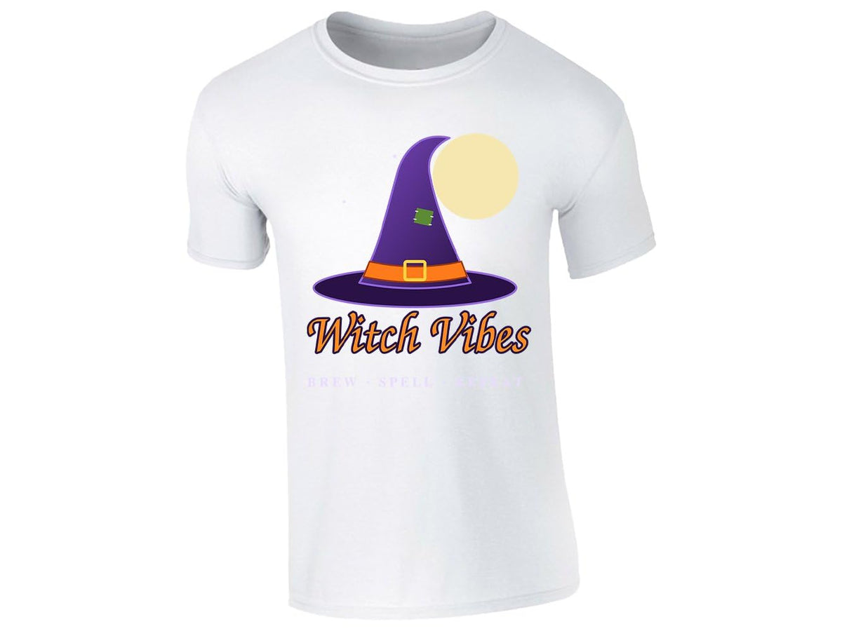 White kids' T-shirt with “Witch Vibes – Brew, Spell, Repeat” witch hat design