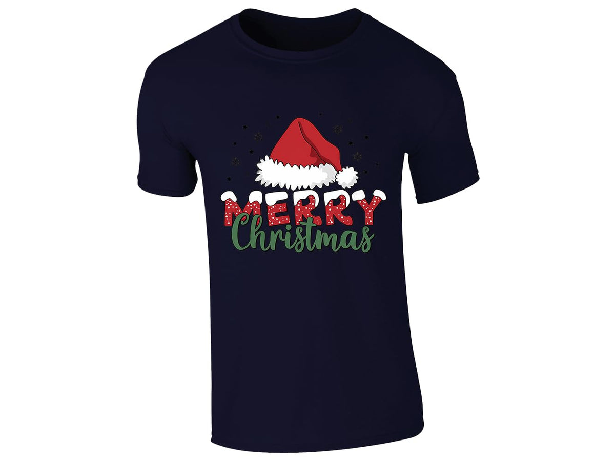 Navy men's T-shirt with “Merry Christmas” Santa hat design