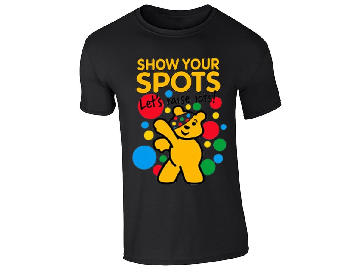 Black kids T-shirt with a dabbing yellow bear and Show Your Spots, Let's Raise Lots