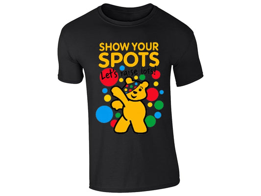 Black men's T-shirt with a dabbing yellow bear and Show Your Spots, Let's Raise Lots