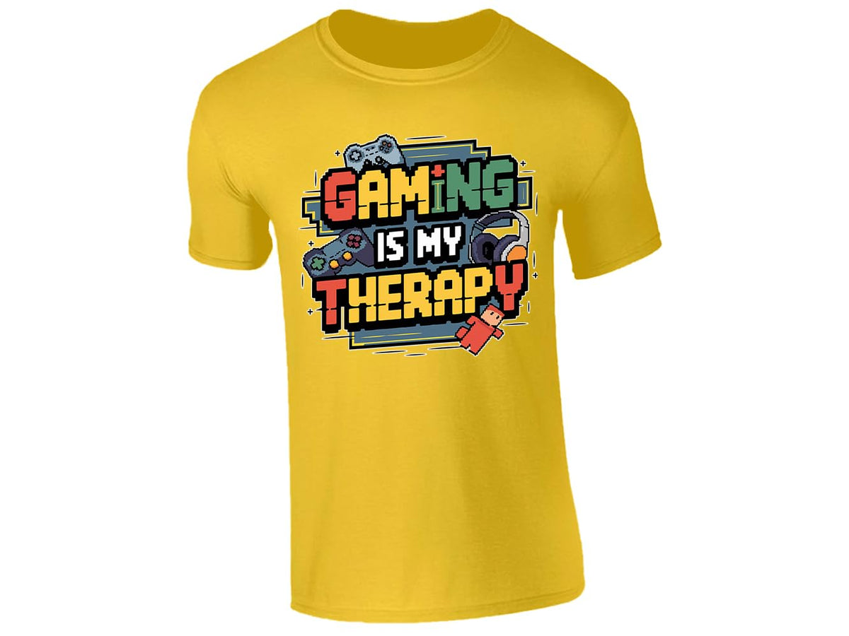 Yellow men's T-shirt with “Gaming is my therapy” design