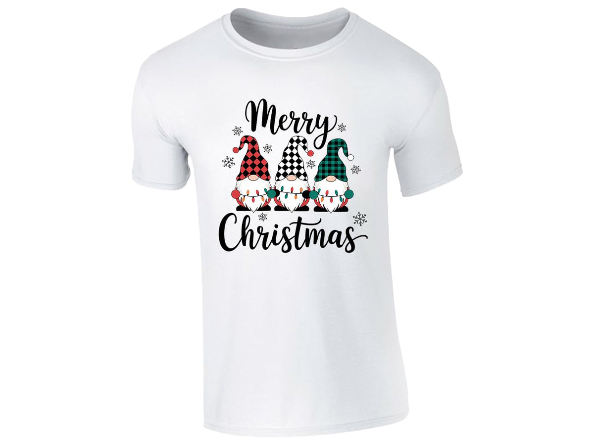 White men's T-shirt with “Merry Christmas” three gnomes in plaid hats design