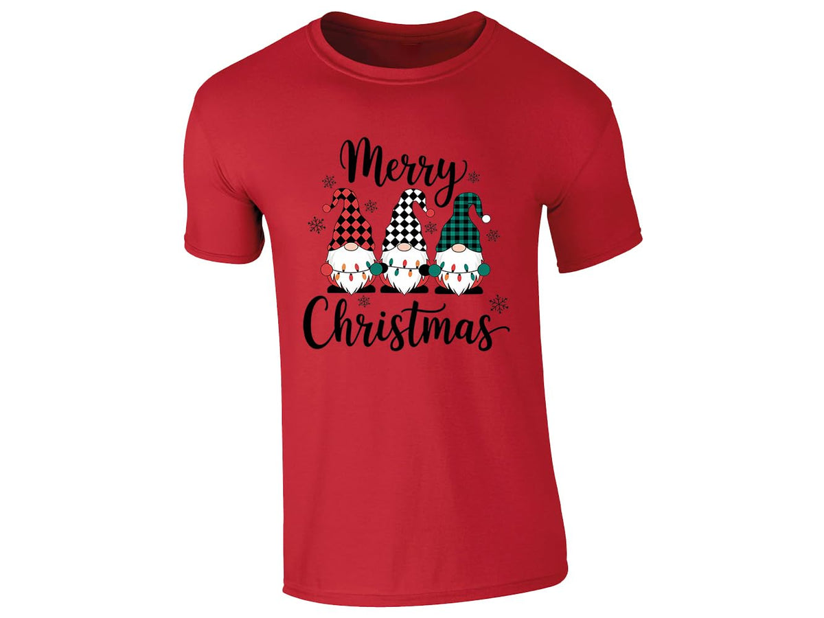 Red kids' T-shirt with “Merry Christmas” three gnomes in plaid hats design