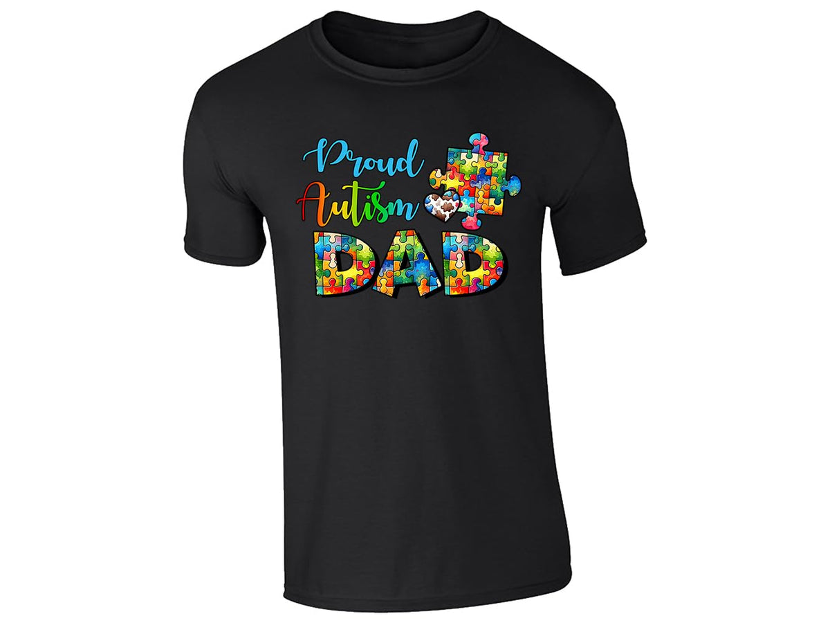 Black men's T-shirt with “Proud Autism Dad” puzzle piece design