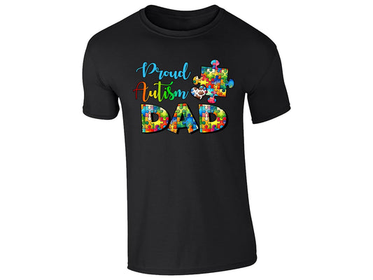 Black men's T-shirt with “Proud Autism Dad” puzzle piece design