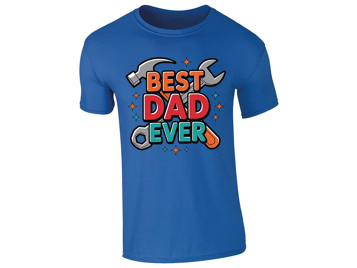 Royal Blue men's T-shirt with “Best Dad Ever” hammer and spanner design