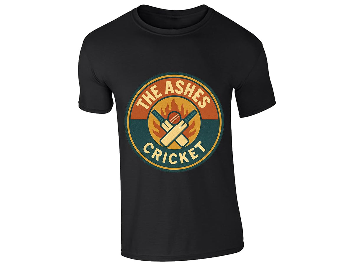 Black men's T-shirt with a round retro “The Ashes Cricket” badge with crossed bats