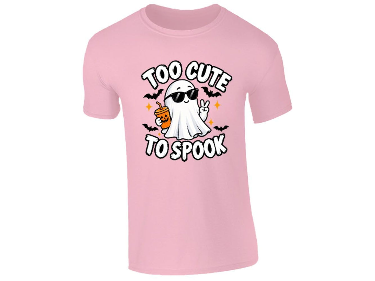 Light pink kids T-shirt with a Too Cute to Spook ghost in sunglasses