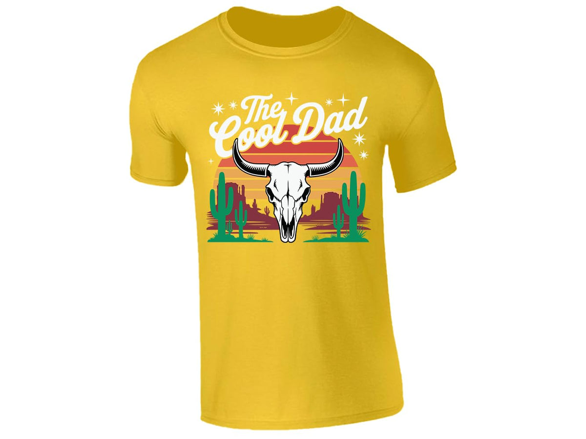 Yellow men's T-shirt with “The Cool Dad” bull skull desert design