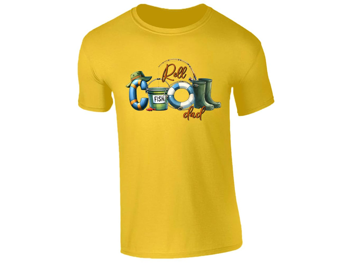 Yellow men's T-shirt with “Reel Cool Dad” fishing kit design
