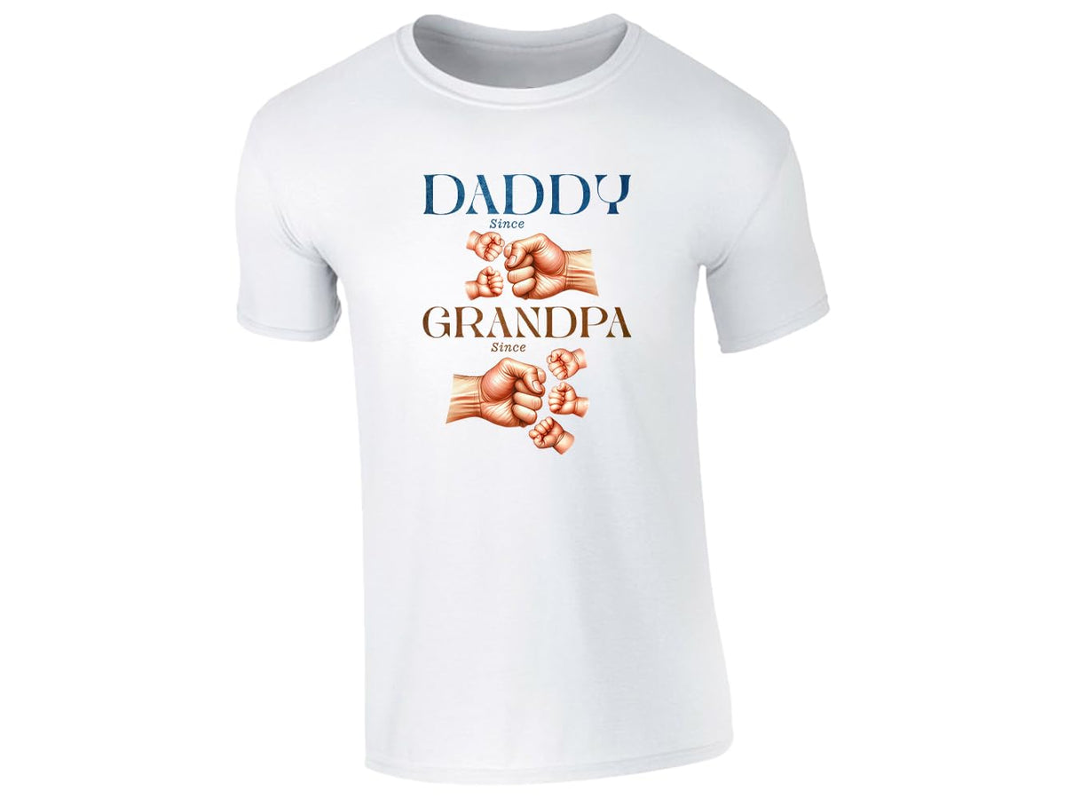 White men's T-shirt with “Daddy since… Grandpa since…” fist bump design