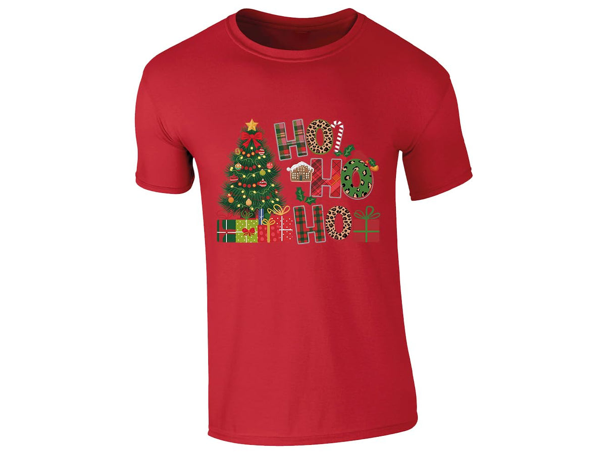 Red men's T-shirt with “Ho Ho Ho” Christmas tree and presents design