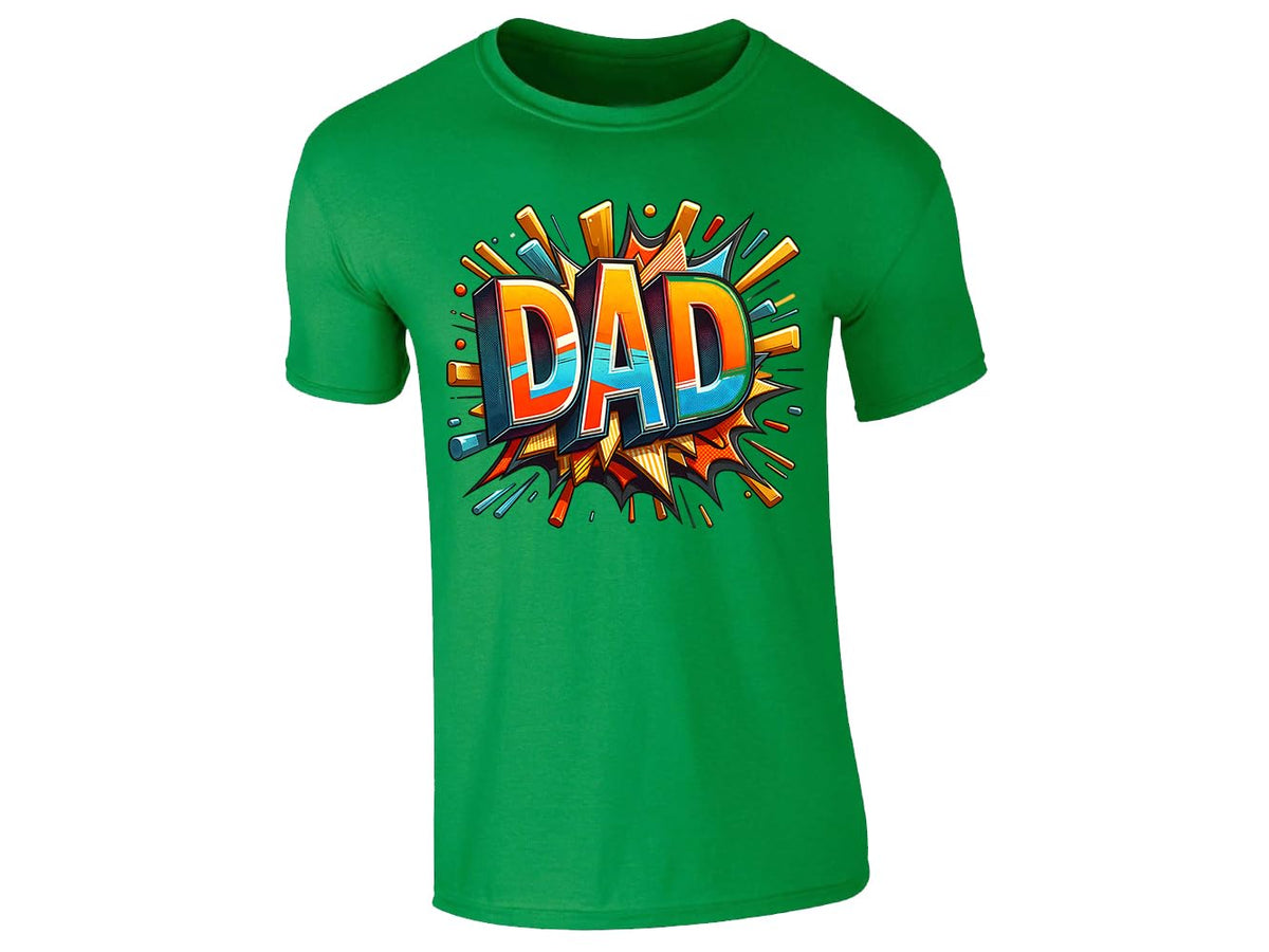 Irish green men's T-shirt with bold comic-book “DAD” lettering with a colourful explosion