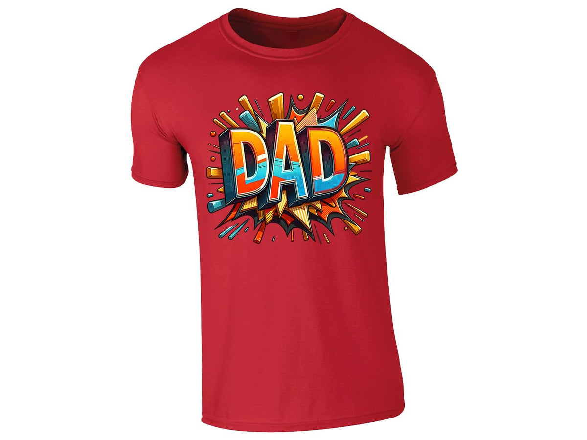 Red men's T-shirt with bold comic-book “DAD” lettering with a colourful explosion