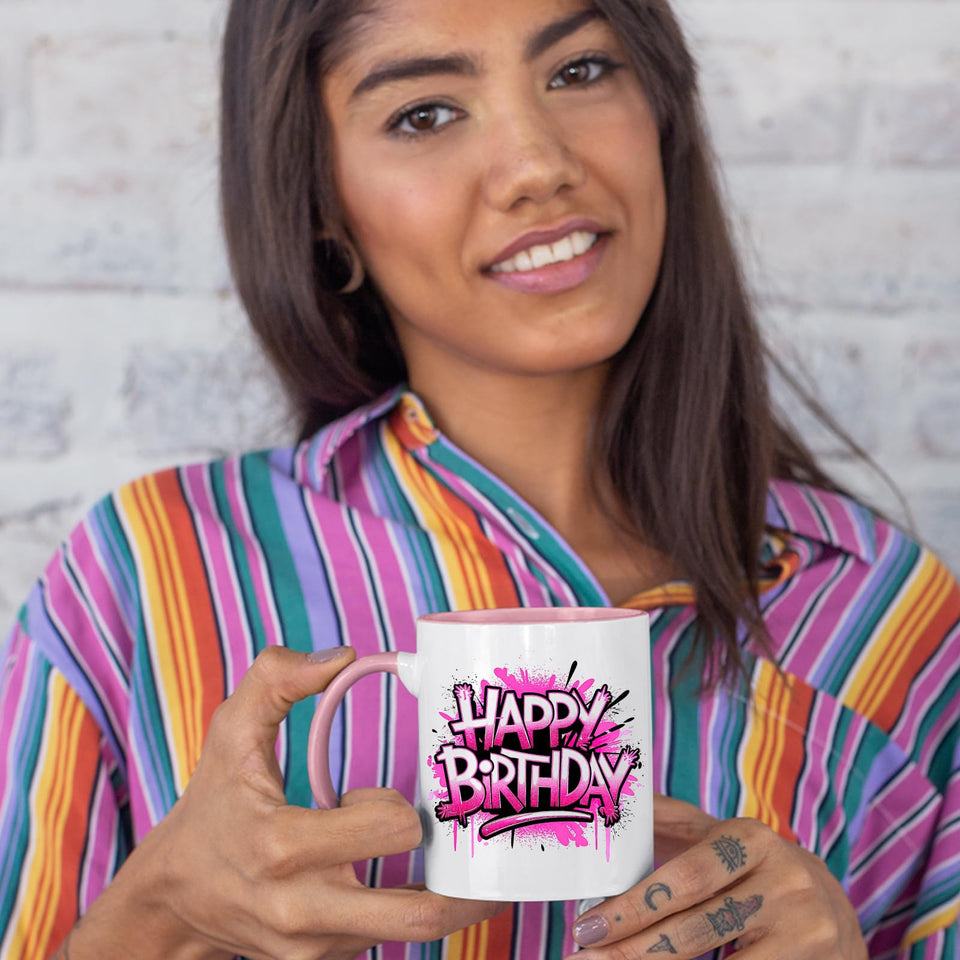 Woman in a striped shirt holding the colour handle mug