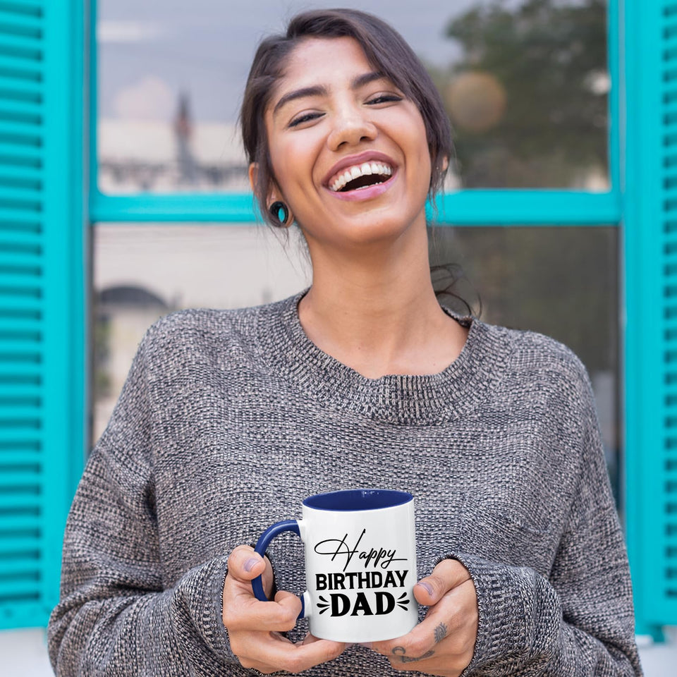 Best Happy Birthday Dad Colour Mug – Stylish 2025 Ceramic Coffee Cup with Inner/Handle Accent | Gift from Son or Daughter