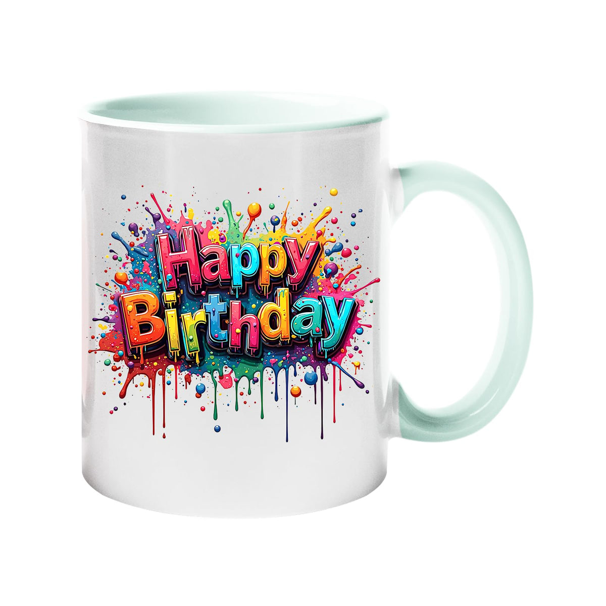 Colour handle mug with rainbow splash-script “Happy Birthday” lettering
