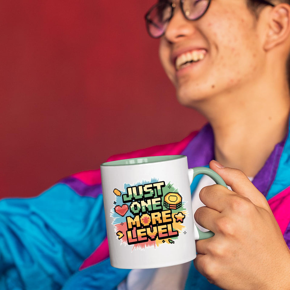 Just One More Level – Retro Gamer Mug with Heart & Mystery Block Design
