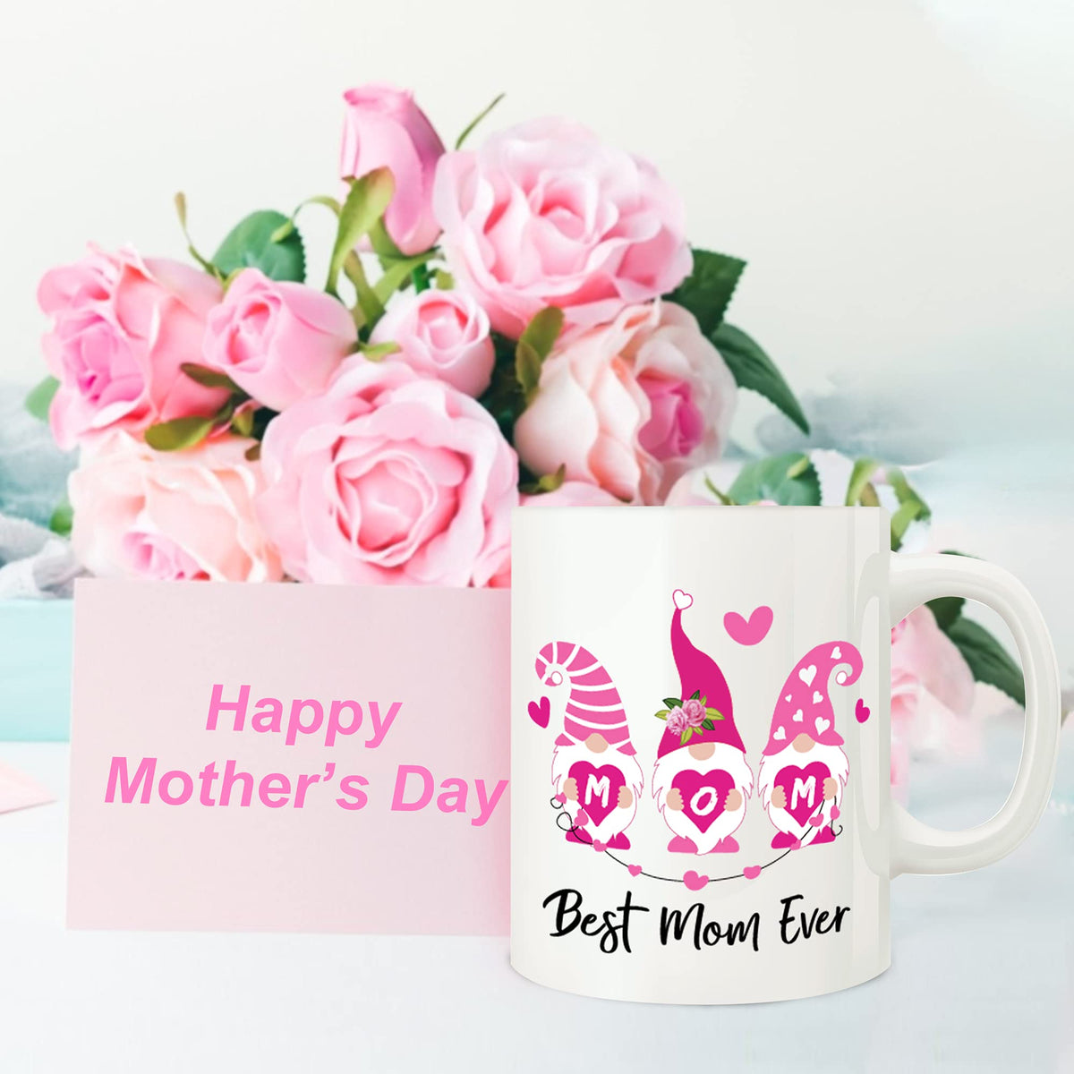 Best Mom Ever mug with pink roses and a Happy Mother's Day card