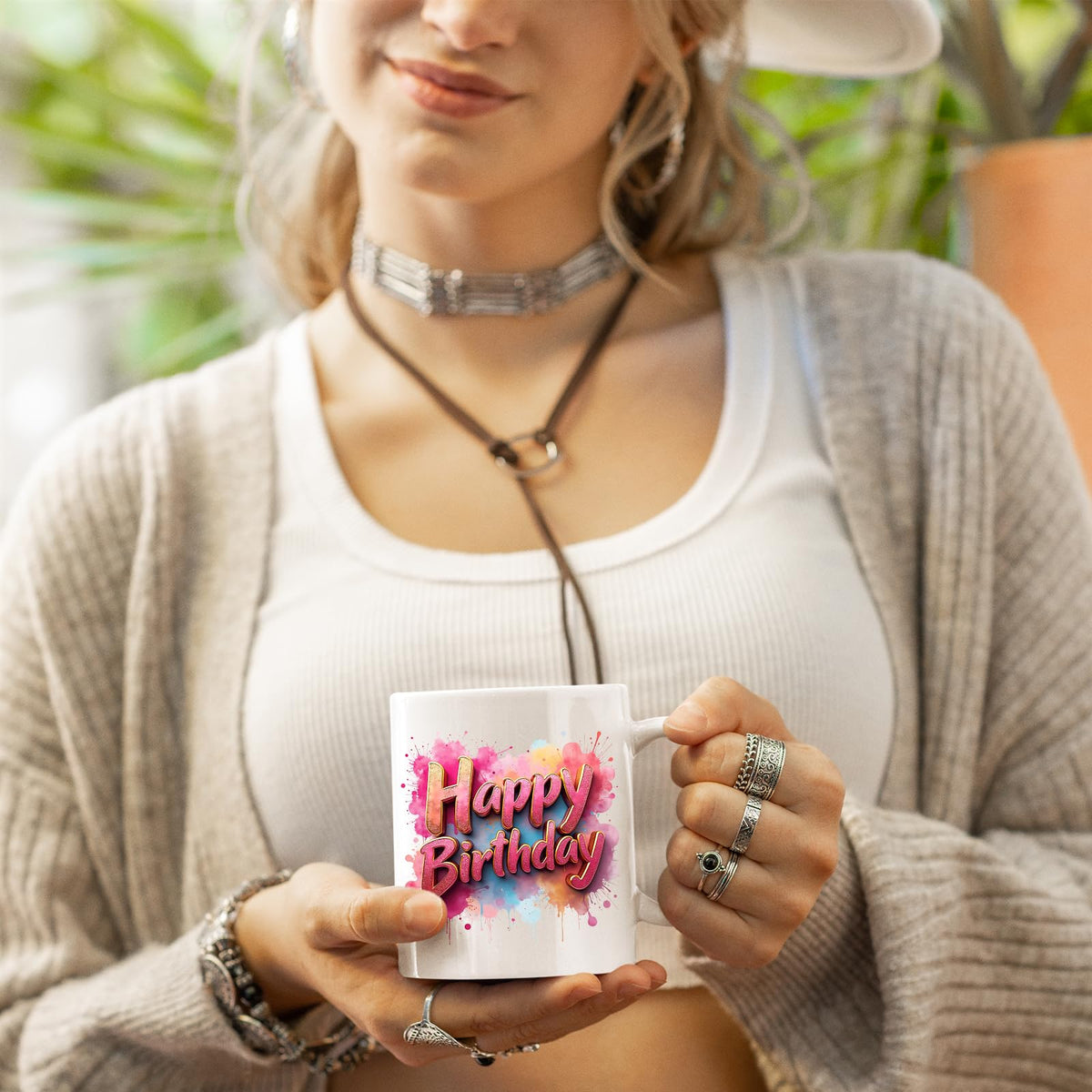 Woman holding the Happy Birthday mug