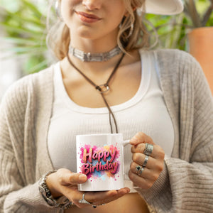 Happy Birthday Mug Colourful Text Splash Design Gift Cup Fun Birthday Present for Him Her or Kids Ceramic Coffee Tea Mug for Birthday Party Celebration or Daily Use