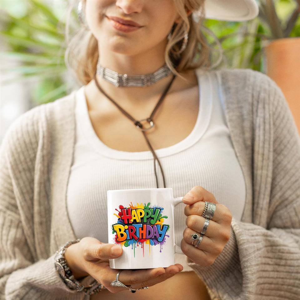 Happy Birthday Mug Colourful Design Cup Funny Printed Birthday Gift for Unique Funny Birthday Present for Him Her Coworker Brother Sister Boss Mom Dad Tea Lover